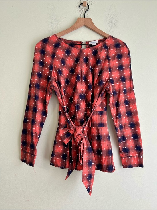 Sundance Tops - Sundance Tie Waist Peplum Long Sleeve Plaid Blouse